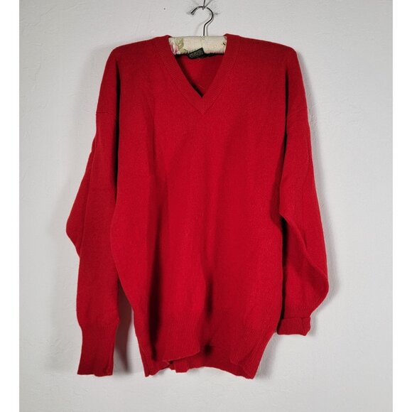 Vintage Nordstrom Mens Red V-Neck Sweater Large 100% Lambswool Pullover Cozy - Picture 1 of 7